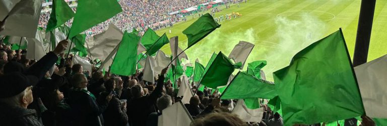 Werderfans im Stadion grüne und weiße Fahnen schwenkend