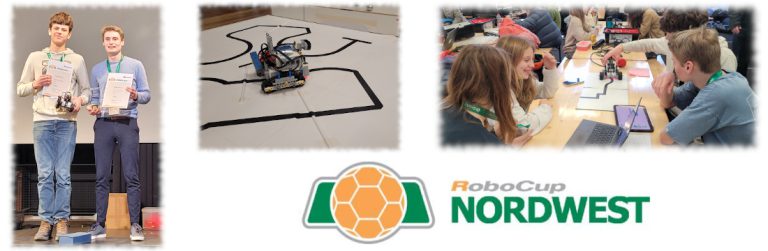 Collage von drei Bildern vom RoboCup Nordwest, die zwei Gewinner, mehrere Schüler an einem Tisch und eine Roboter der auf einer Linie fährt
