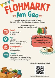 Bild mit den Infos: Flohmarkt am 14..1.2026 ab 10 Uhr in der GEO Aula.