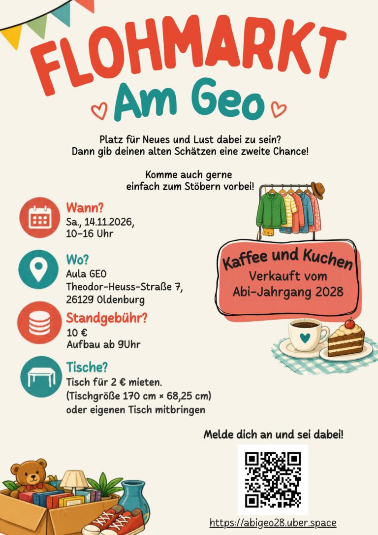Bild mit den Infos: Flohmarkt am 14..1.2026 ab 10 Uhr in der GEO Aula.