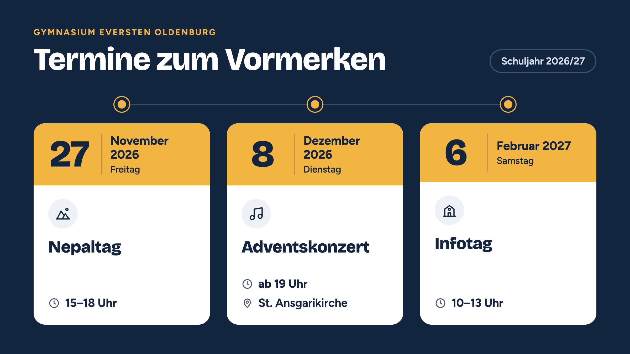 Nepaltag: 27. November 2026 15- 18 Uhr, Adventskonzert in der St. Ansgarikirche: 8. Dezember ab 19 Uhr, Infotag: 06. Februar 27 10 - 13 Uhr